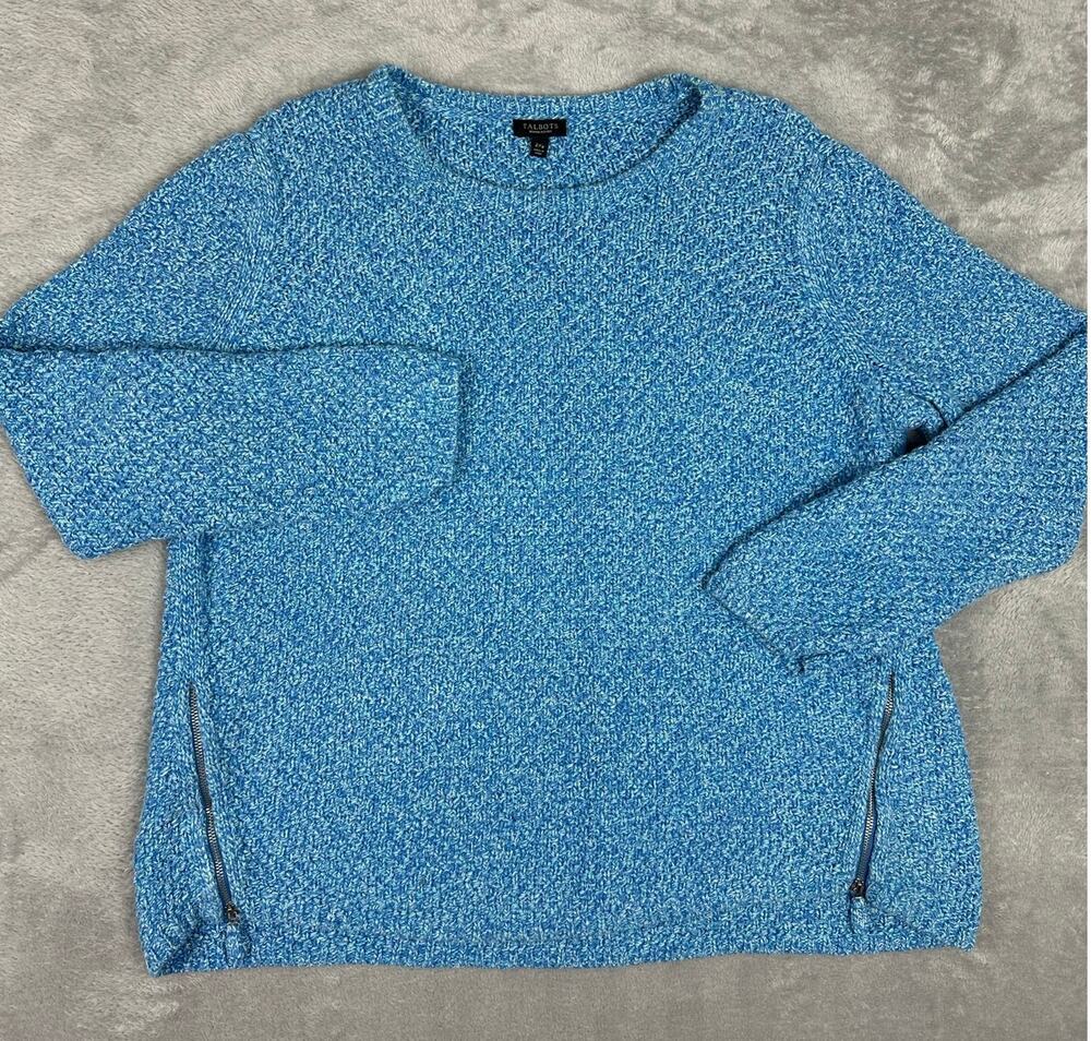 Talbots Blue Marled Chunky Knit Crewneck Sweater Zipper Vents 2XP 2X Petite